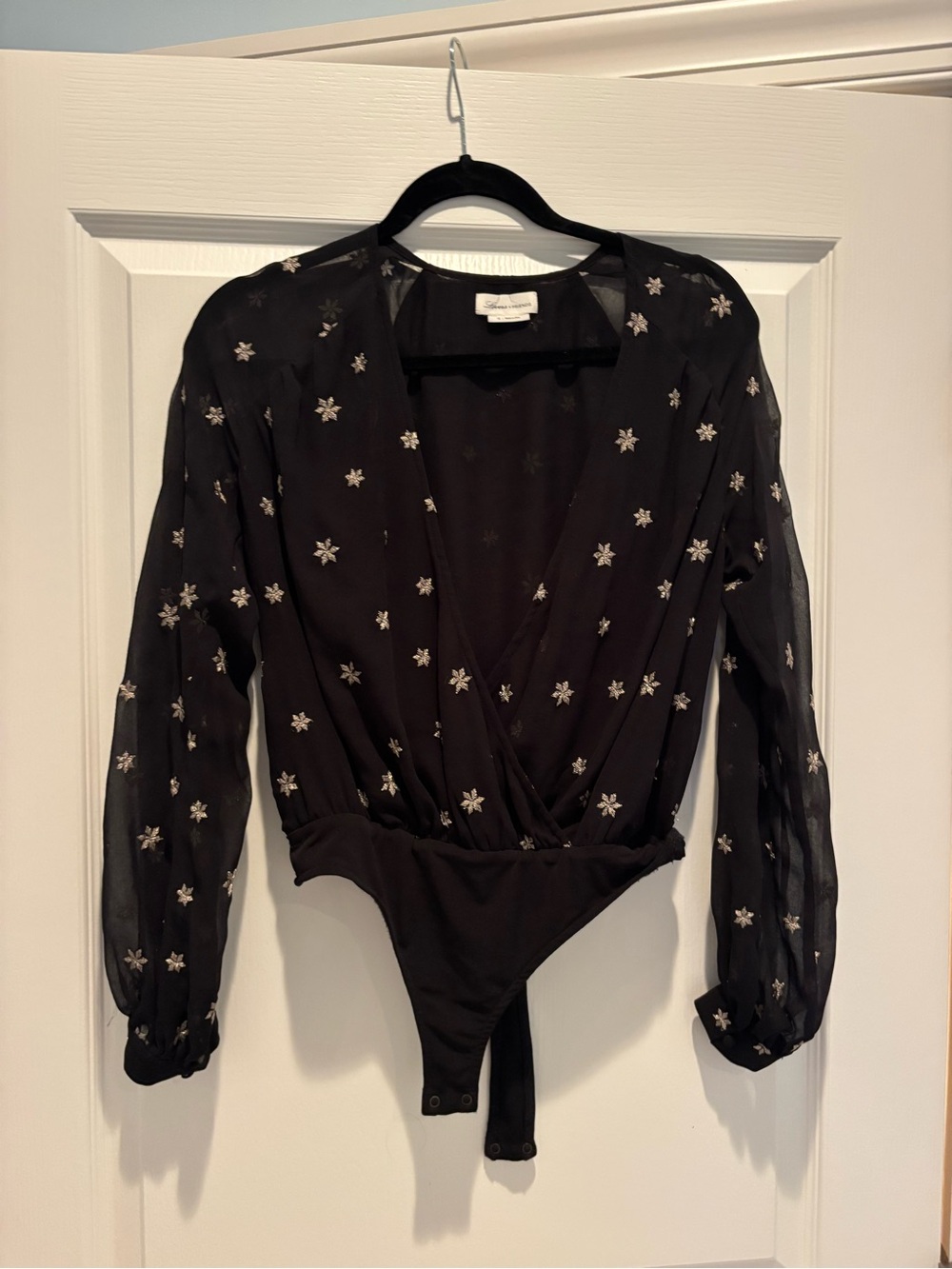 Lovers + Friends Black Sheer Star Embroidered Wrap Bodysuit